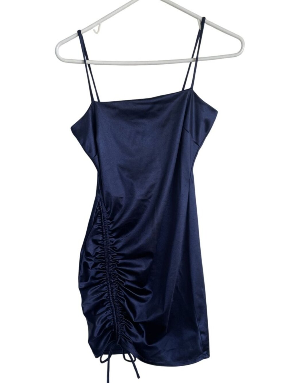 Windsor Navy Blue Satin Ruched Mini Dress With Adjustable Spaghetti Straps